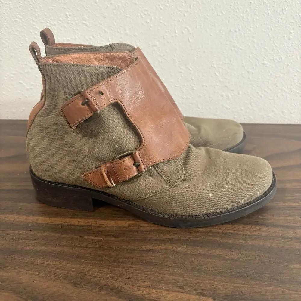 J Crew Womens Canvas Leather‎ Double Monk Strap Ankle Booties Size 7 Green Brown